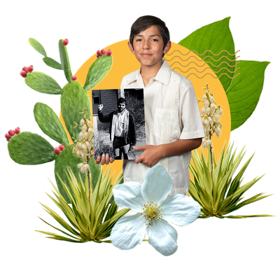 Hispanic Heritage Dario Layout Graphic A young boy in a white button-up shirt poses with a vintage photo of an older relative. Surrounding him is a collage-style frame comprised of a prickly pear cactus, a white flower, a yucca, and a yellow circle.
