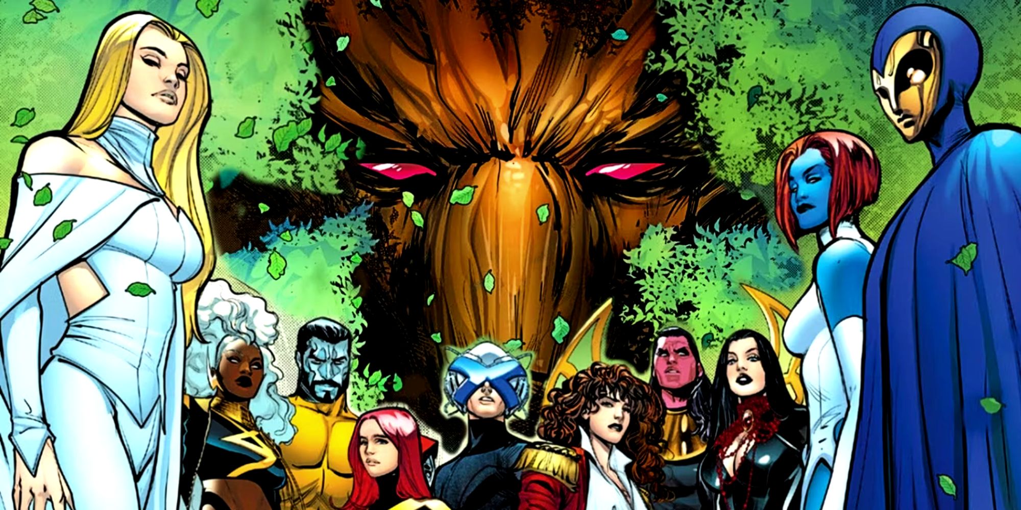 X-Men assembled in front of Krakoa, the living island's face.