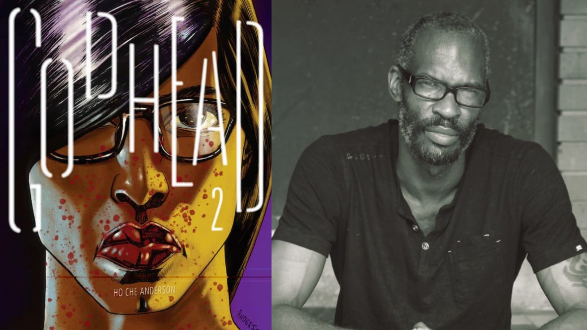 A composite image of an illustrated book cover featuring a Black woman with her hair over her face and glasses looking intensely into the camera beside a black and white portrait of a Black man with glasses looking into the camera.